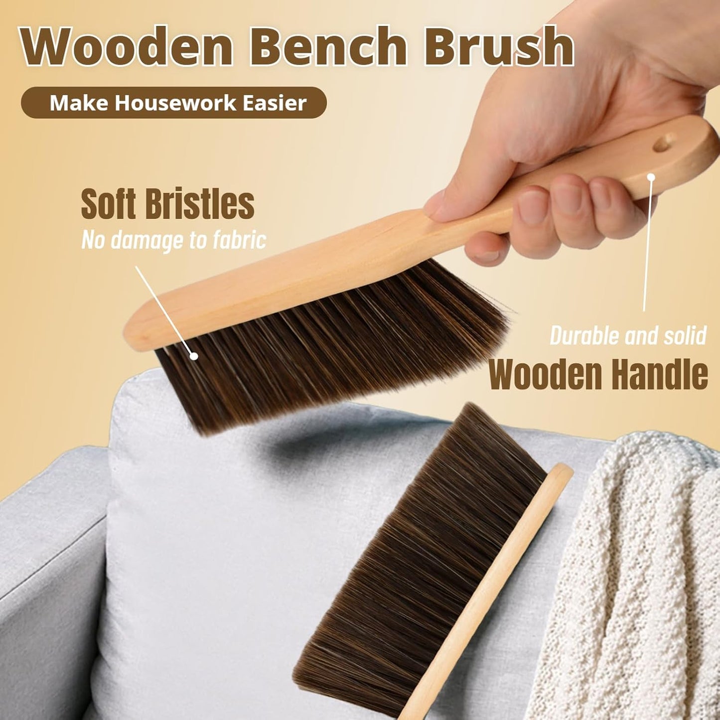 2 Pieces Woooden Dust Brush Hand Broom Bench Brush with Long Wood Handle Whisk Broom Soft Bristle Brush for Counter Bed Sofa Car Fireplace Clothes Household Cleaning