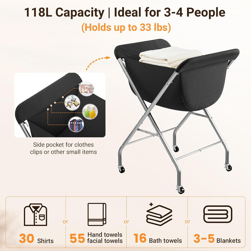 ELYKEN Laundry Basket with Wheels, Collapsible Laundry Hamper, Black