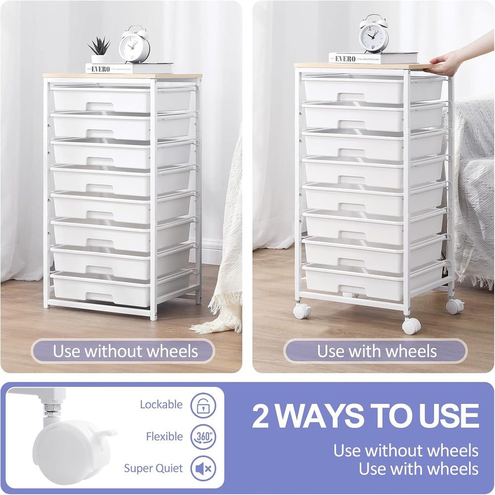 SYKIARIOL Rolling Storage Cart with Drawers, 8 Drawers Utility Cart,White