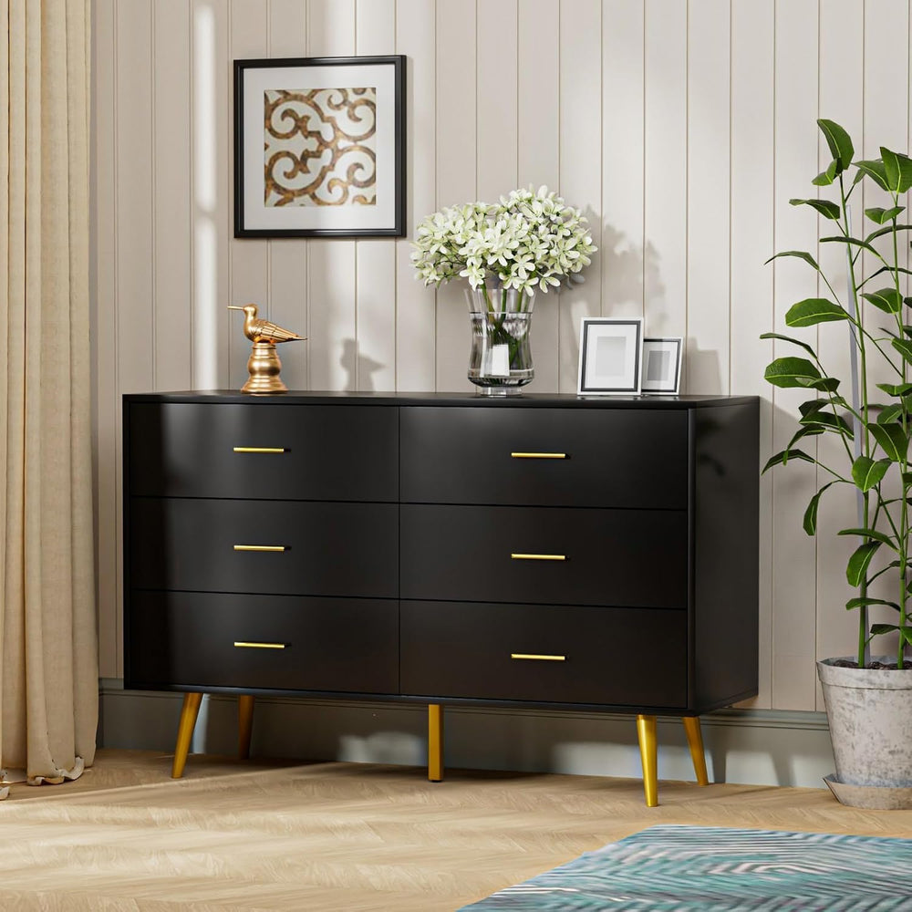 Black 6 Drawer Dresser for Bedroom, 47" Wood Dresser with Gold Handles.
