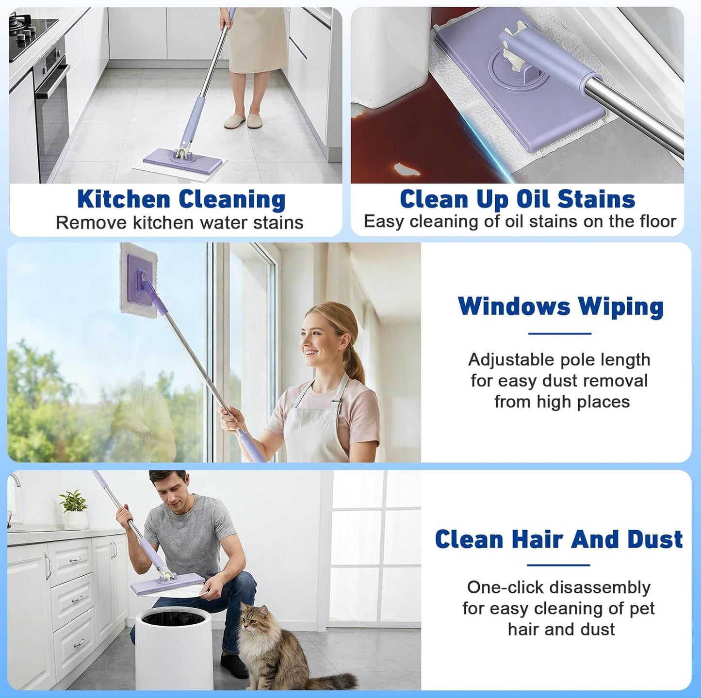 Hands Free Flat Mop,Cloth Changing Mini Mop,35inch Long Handle Mopping Stick,360° Swivel Head,Dry and Wet Use,Ideal for Tight Corners(Purple,6 Cloth)
