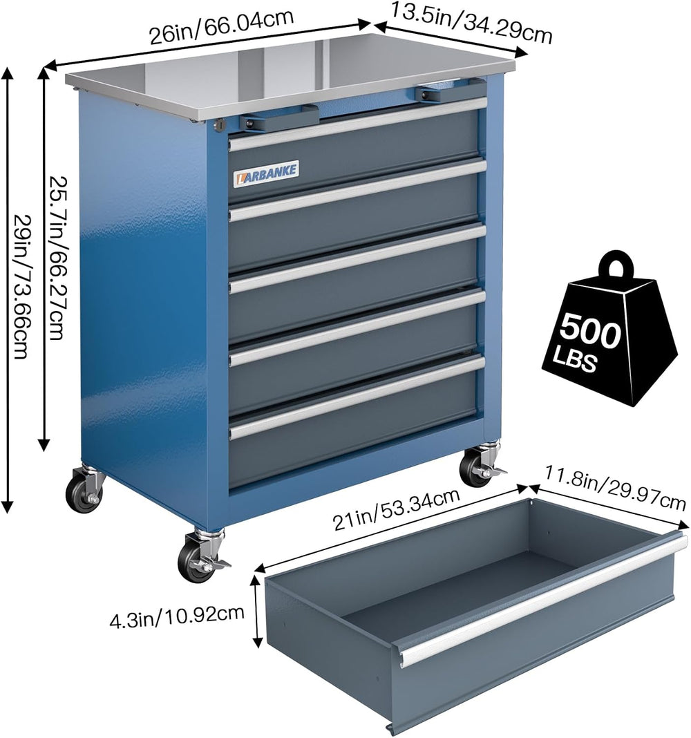 LARBANKE 5-Drawer Tool Chest, Rolling with Wheels,Mobile Tool Cabinet,Blue