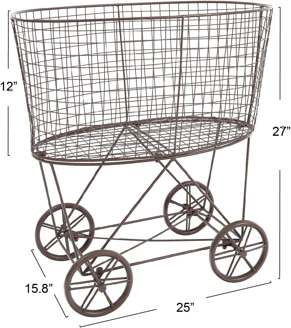 Creative Co-Op Vintage Reproduction Metal Laundry Basket on Wheels, Rust