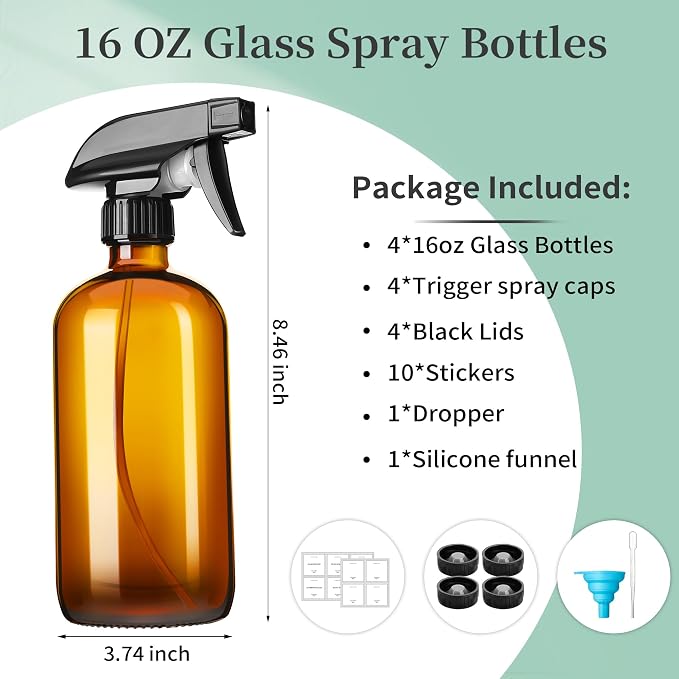 16oz Amber Glass Spray Bottles, 4 Pack Glass Spray Bottles Refillable Empty - Image 2