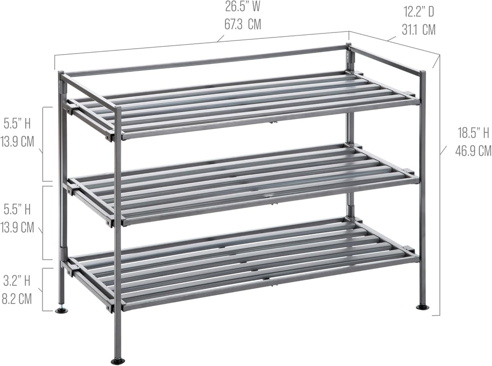 3-Tier Stackable 1" Slat Steel Frame Shoe Rack, 27.25"W x 12.75&quo...