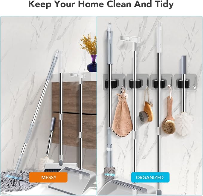 Mop Broom Holder No Drill, Mop Broom Organizer Wall Mounted Heavy Duty - Image 3