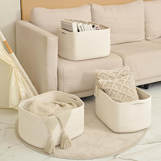 Large Storage Baskets for Organizing Shelves, Woven Cotton Rope Bins for Baby