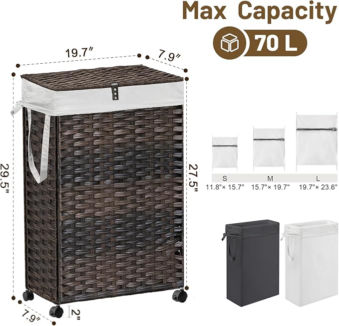 70L Slim Laundry Hamper with Lid & Wheels, Rolling Laundry Basket with 2 - Image 4