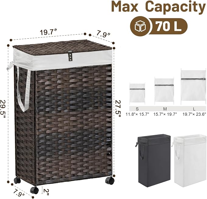 70L Slim Laundry Hamper with Lid & Wheels, 2-Park Rolling Laundry Basket with 4 - Image 4