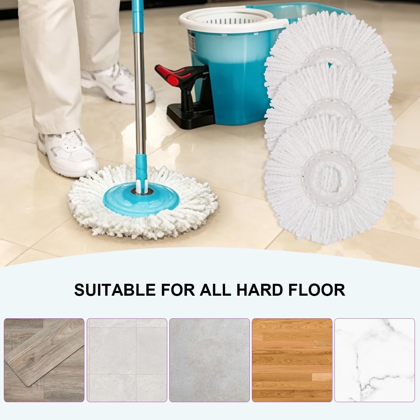 Spin Mop Replacement Heads, 6.3 Inch Microfiber Mop Refills Compatible with Hurricane, Mopnado, Simpli Magic and Other 360° Spin Mop Systems, Round Standard Universal Mop Pads (White) - 3 Pack