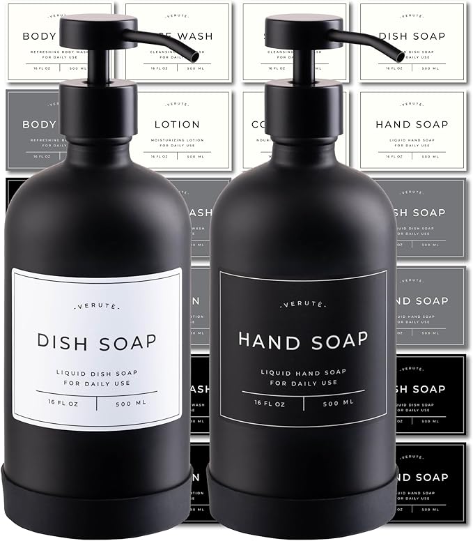 16oz Glass Soap Dispenser with Stainless Steel Pump, 21 Waterproof Labels by Verute