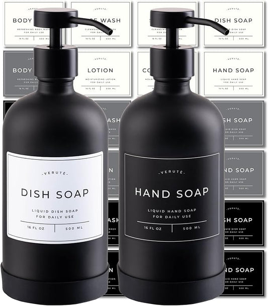 16oz Glass Soap Dispenser with Stainless Steel Pump, 21 Waterproof Labels by Verute