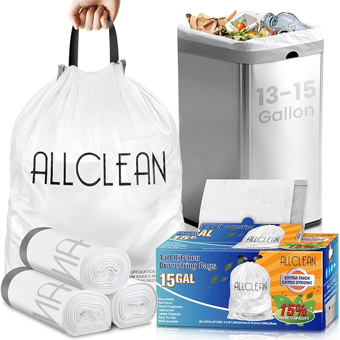 Trash Bags 15 Gallon Tall Kitchen Drawstring Garbage Bags, Fit 13-15 Gal Bins by ALLCLEANbags