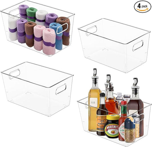 MOONEDGE 4-Pack Clear Plastic Storage Bins — Open-Top PET Organizers and Storage by MOONEDGE