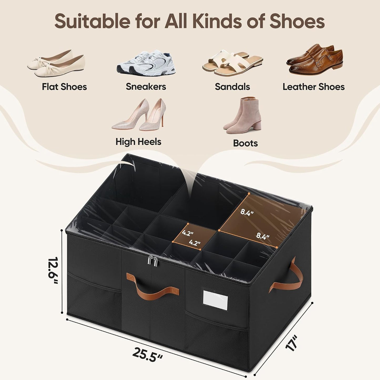 Shoe Organizer for Closet, Adjustable Storage Box Holds 24 Pairs | Black,Foldable,Adjustable Dividers,Clear Lid,Reinforced 4 Handles,Fits Sneakers, Boots & Heels, For Closet,Entryway,Bedroom
