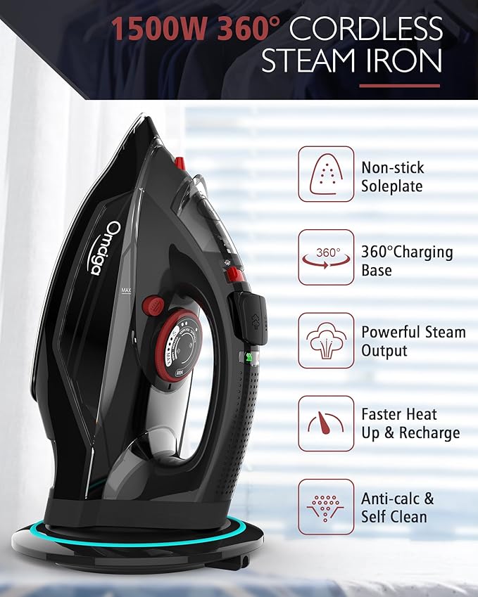 Cordless Iron for Clothes, 1500W Steam Iron Rapid Heating, Ceramic Soleplate - Image 2