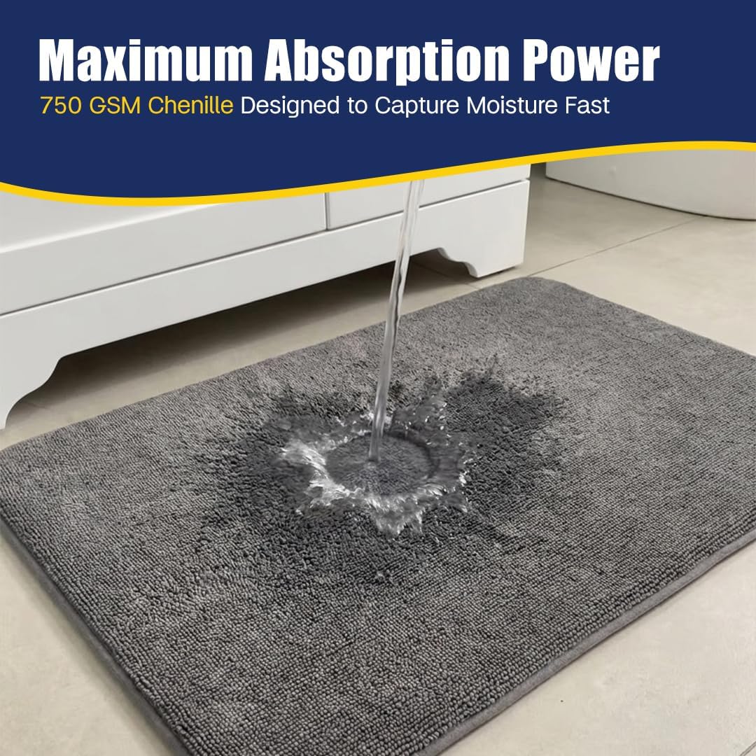 Muddy Mat® CloudStep Bathroom Rugs 2 Piece Set, Non Slip Bath Mats for Bathroom, Absorbent Memory Foam Chenille, Machine Washable Quick Dry Toilet Rug Set, Grey 20"x30" + 20"x20" U-Shaped