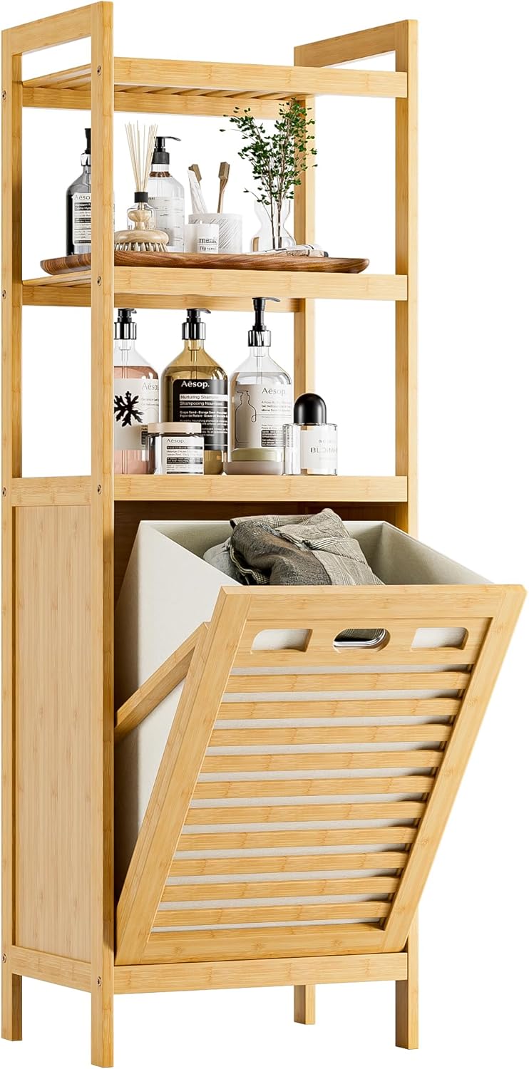 HITNET Tilt Out Laundry Hamper, Bamboo Laundry Basket with Foldable Bag and 3...