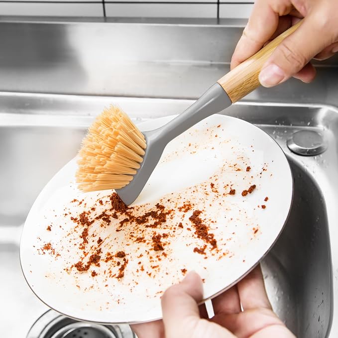 2 Pack Dish Brushes with Bamboo Handle, Kitchen Dish Scrubber Built-in Scraper - Image 3