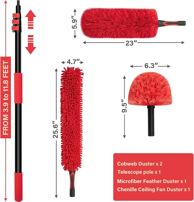 5-12 FT Extension Pole with 2 Outdoor Cobweb Brushes, 20 FT High Reach Ceiling - Image 6