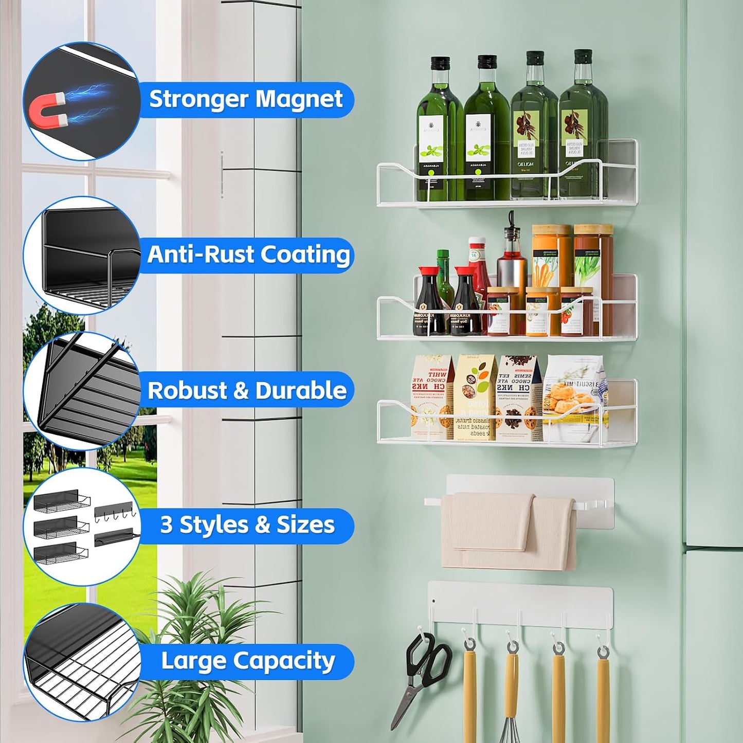 Magnetic Spice Rack for Refrigerator, 5 Pack Magnetic Fridge Organizer Shelves, Strong Magnetic Hold, No Drilling, Space Saving Storage Rack for Kitchen & Washing Machine Organizer (White)