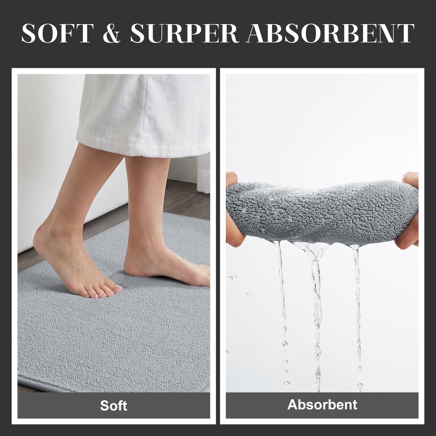 MontVoo Quick Dry Bath Mat, Super Absorbent Bathroom Rug, 3D Honeycomb Mesh Base Non Slip Bath Mats for Bathroom, Machine Washable Low Pile Bath Rug for Bathtub Front, Shower, Sink,Grey 17"x24"