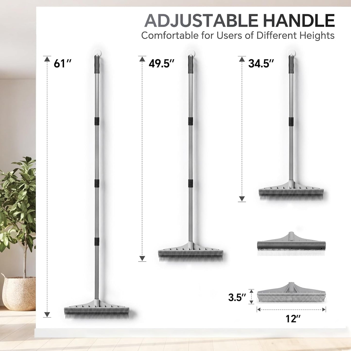 Walensee Carpet Rake for Pet Hair Removal, 2 in 1 Rug Rake to Fluff Carpet with Nylon Groomer Brush, Adjustable Long Handle for Shag Rugs, Stairs, Mats and Floors, Rubber Broom