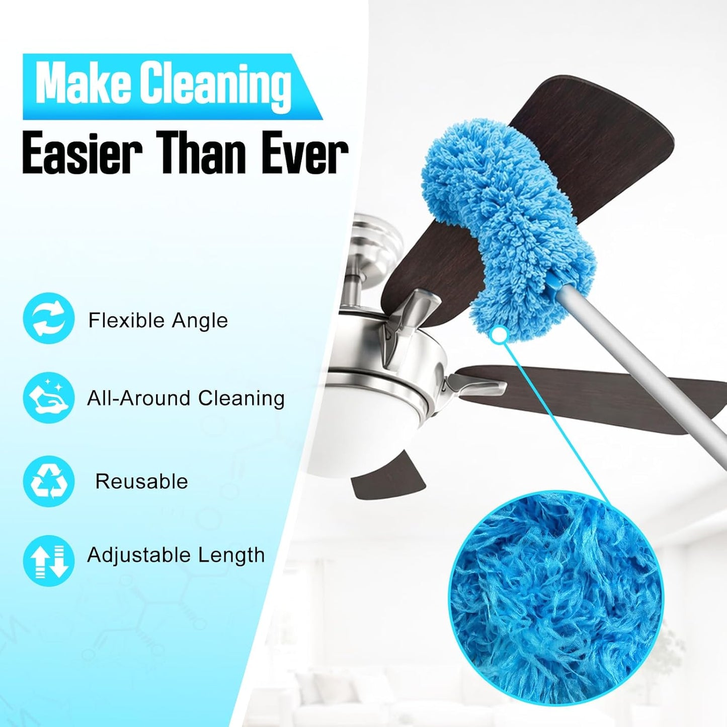 Ceiling Fan Cleaner Duster with Extension Pol, 12 to 51 Inch Duster Length, Reusable Microfiber Dusters for Cleaning Fan Blades, Cobwebs, Walls, Windows & High Ceilings, Removable, Blue