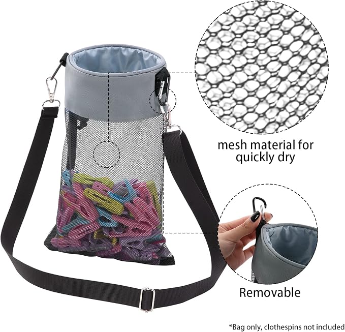 Mesh Clothespin Bag with Hooks Hanging Clothes Pin Bag with Drawstring Closure - Image 4