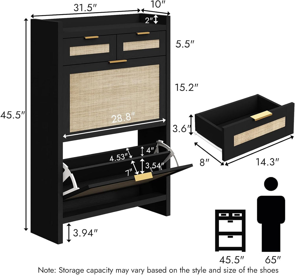 HOKYHOKY Rattan Shoe Storage Cabinet with 2 Drawers & 2 Flip Drawers
