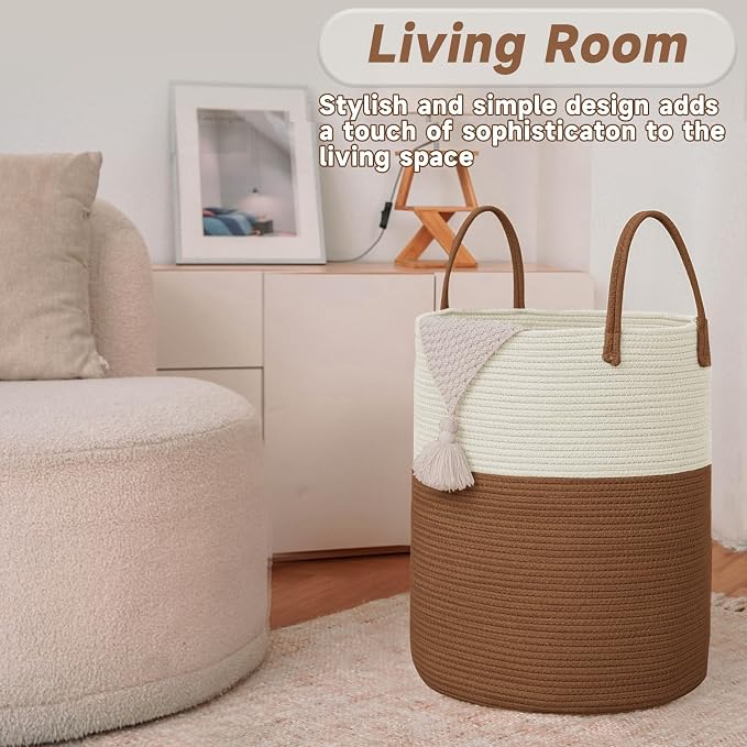 Large Woven Laundry Basket Hamper, 60L Cotton Rope Storage Bin - Image 3