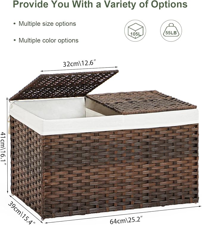 Storage Basket with Lid Rattan Storage Basket with 2 Separate Lid, 27.8 Gallon - Image 4
