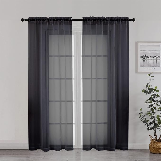 Chyhomenyc Black Sheer Curtain 72 Inches Length 2 Panels, Voile Top Dual Rod by Chyhomenyc