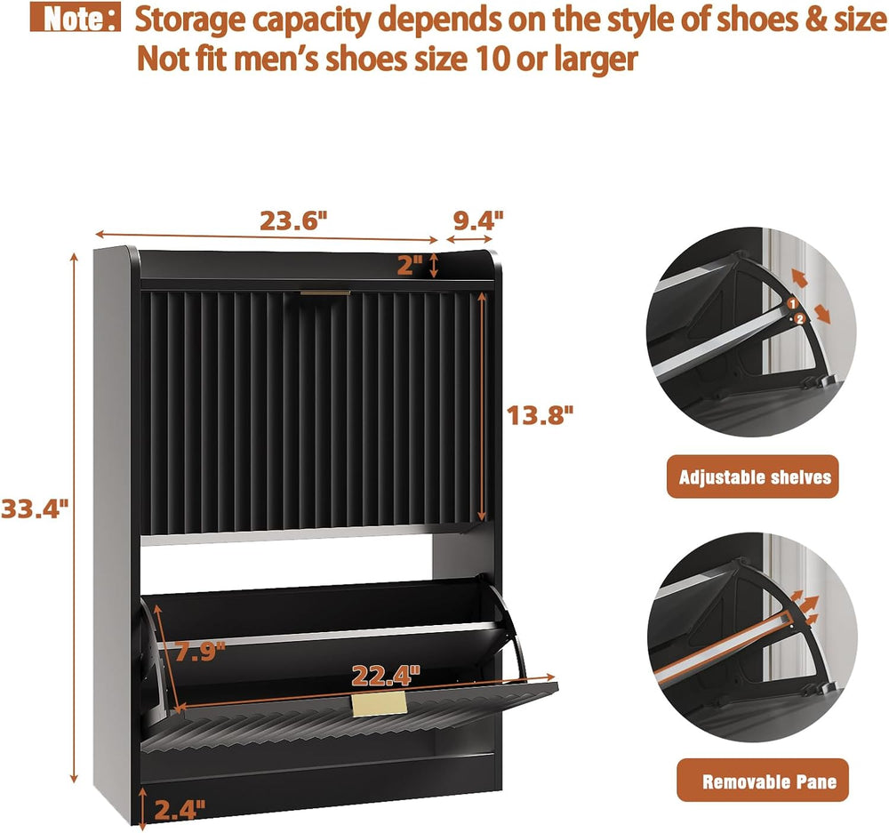 Black Fluted Slim Shoe Cabinet Storage with 2 Flip Drawers for Entryway