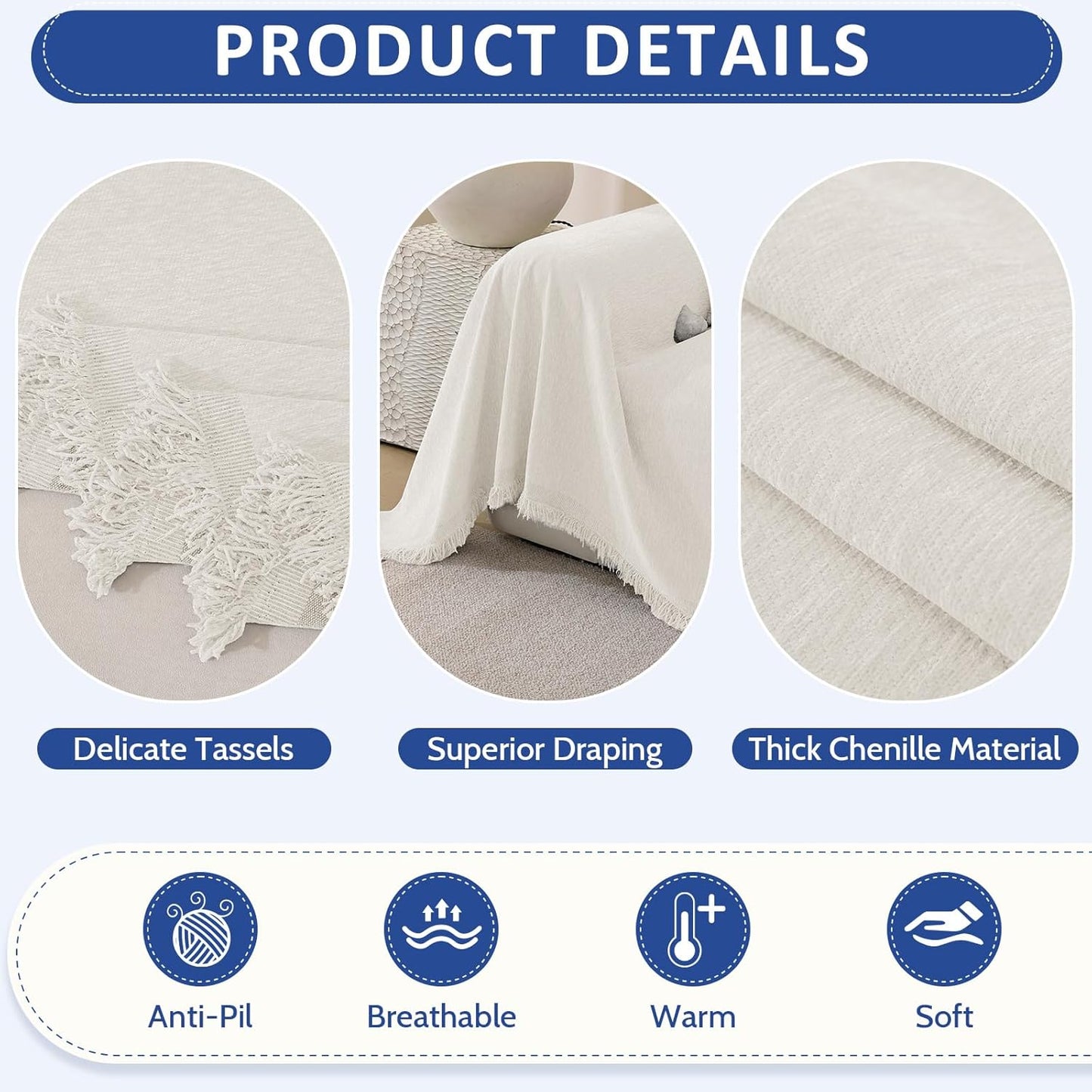 Chenille Couch Cover for Dogs, Boho Sofa Cover Washable Couch Cover, 3 Cushion Sofa Cover, Pet Throw Blankets for Couches with Tassel Furniture Protector Covers,71"×118",Beige White