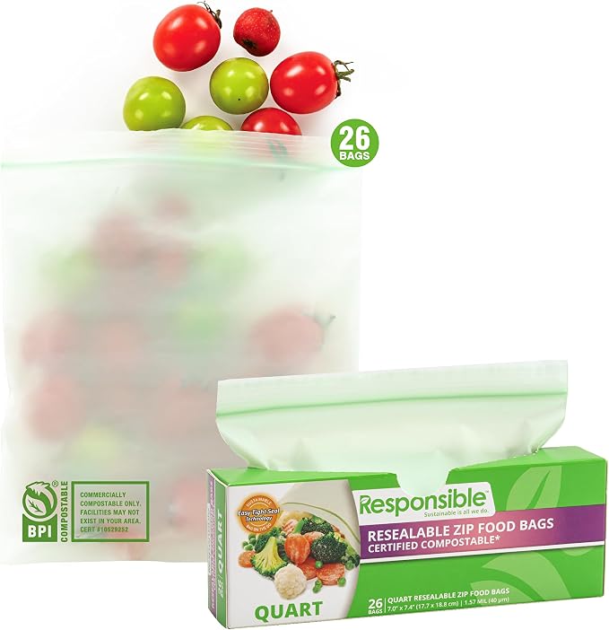 Responsible Products Certified Compostable QUART Resealable Zip Bag, Extra by ResponsibleProducts%C2%AE