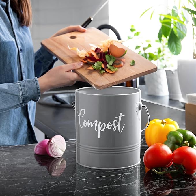 Gray Compost Bin Kitchen, 1.3 Gallon Farmhouse Kitchen Compost Bin Countertop - Image 6