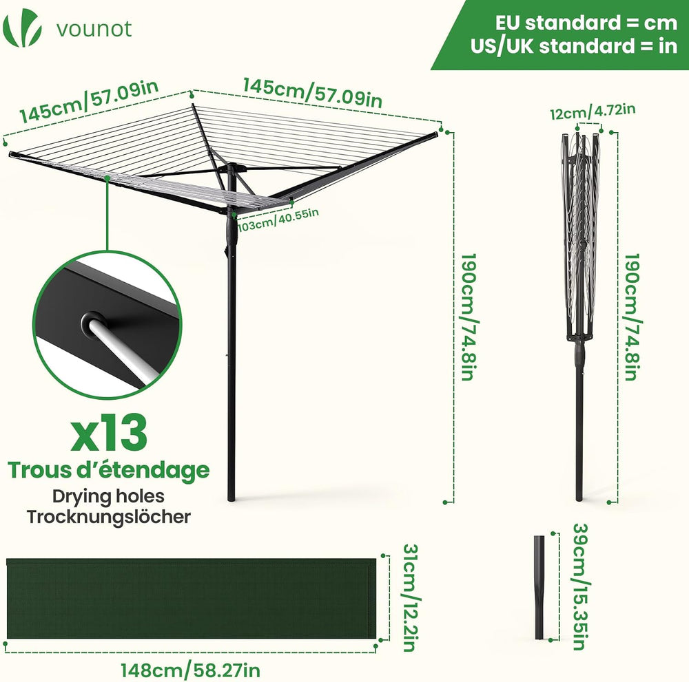 VOUNOT® 50m 4 Arm Rotary Washing Line with Cover & Metal Ground Spike, He...