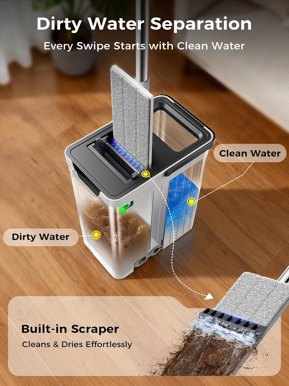 Mop and Bucket Set | Auto-Spray Cleaning | Dirty Water Separation Keep Water Fresh | Flat Mop & Bucket with Wringer | 3x Washable Pads | High-efficiency Cleaning for All Floors Tile Wall Window