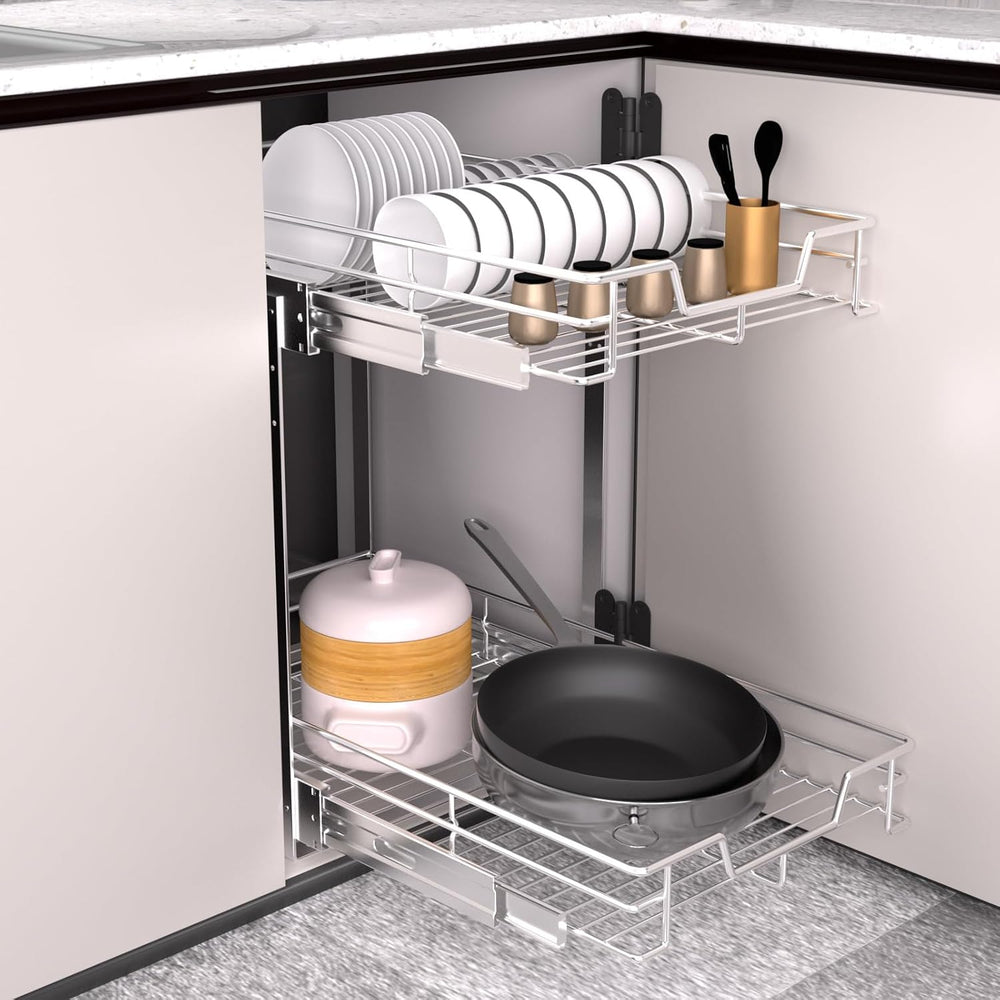 EZKAZA Pull Out Cabinet Organizer 20.5" W x 21" D, 2-Tier Kitchen C...