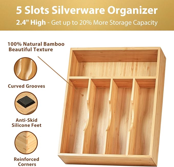 Umilife Bamboo Kitchen Drawer Organizer, 11 Inch Silverware Utensils Tray Holder - Image 2