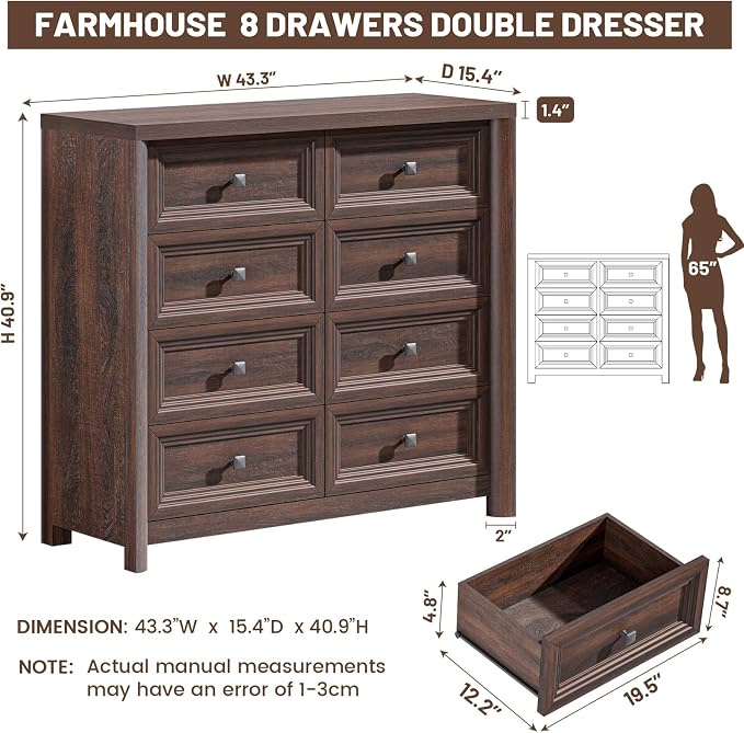 Farmhouse 8 Drawer Dresser for Bedroom, 43.3" Wide Dresser TV Stand, Storage - Image 2