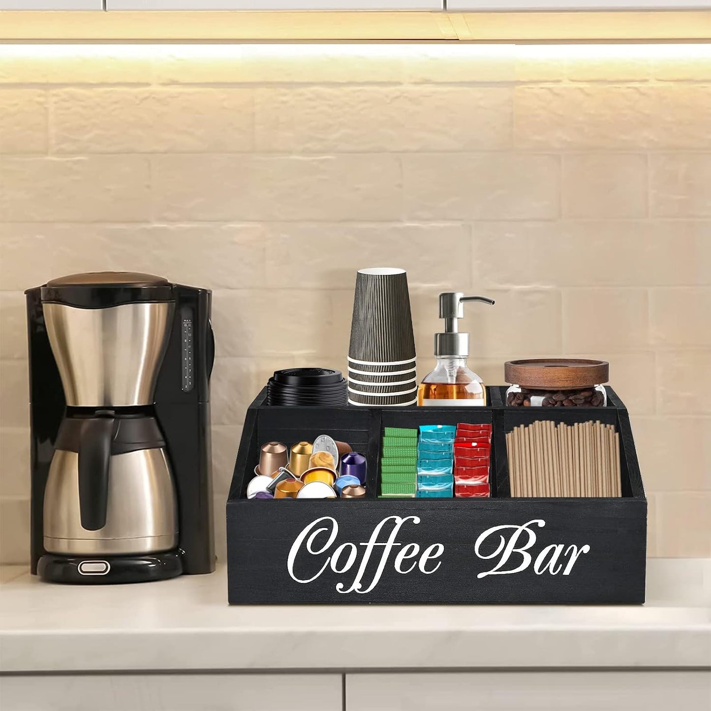ugiftt Coffee Station Organizer for Counter, Wood Coffee Pods Holder Storage Basket, Tea Condiment Storage Organizer, Rustic Coffee Bar Decor for Coffee Accessories Organizer