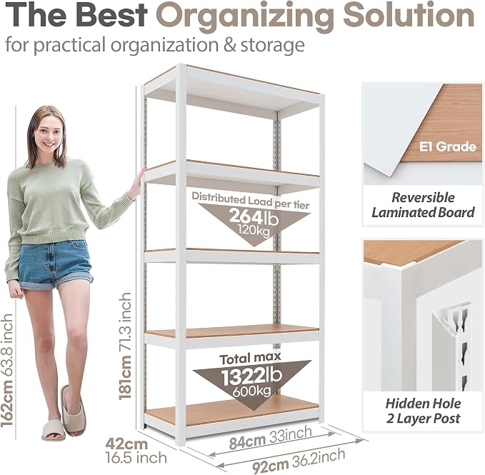 HOMEDANT House 5-Tier Laminated Metal Shelving Unit Adjustable Storage Utility - Image 2