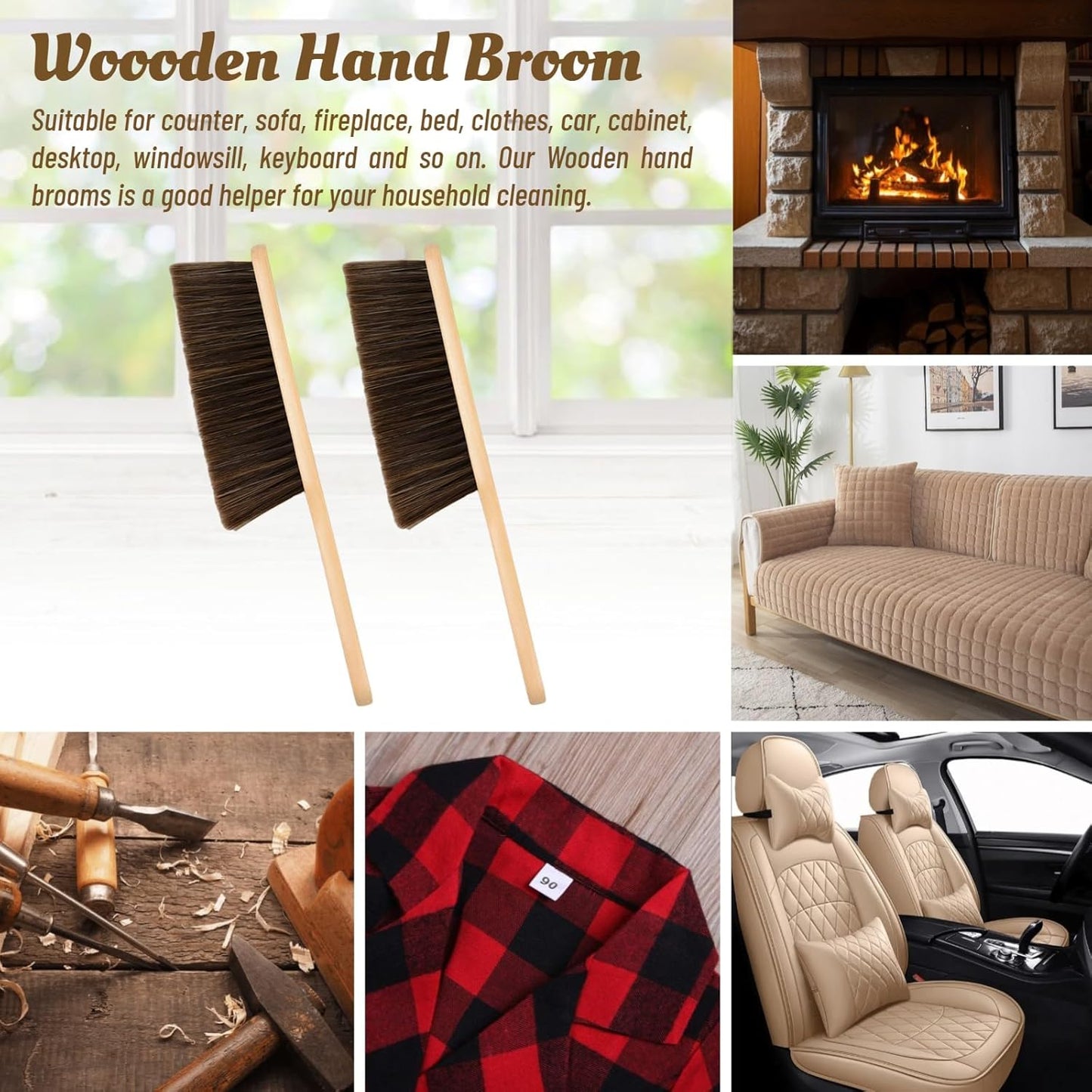 2 Pieces Woooden Dust Brush Hand Broom Bench Brush with Long Wood Handle Whisk Broom Soft Bristle Brush for Counter Bed Sofa Car Fireplace Clothes Household Cleaning
