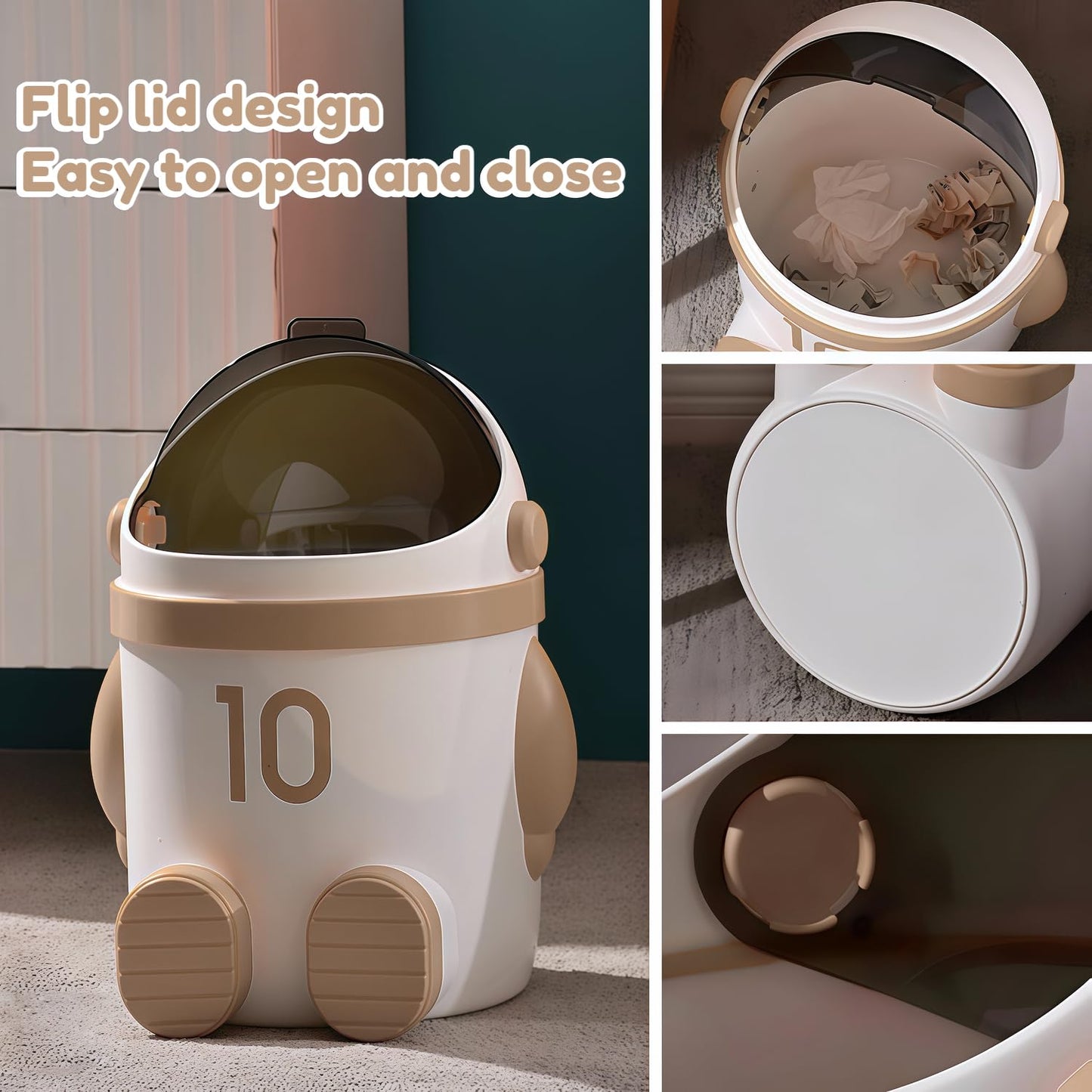 Sylfaen Astronaut Trash Can Wastebasket, 12 Liter / 3.2 Gallon Bathroom Garbage Can with Lid, Garbage Can for Kids, Cute Trash Can for Bedroom, Kids Room, Bathroom, Living Room (Khaki)