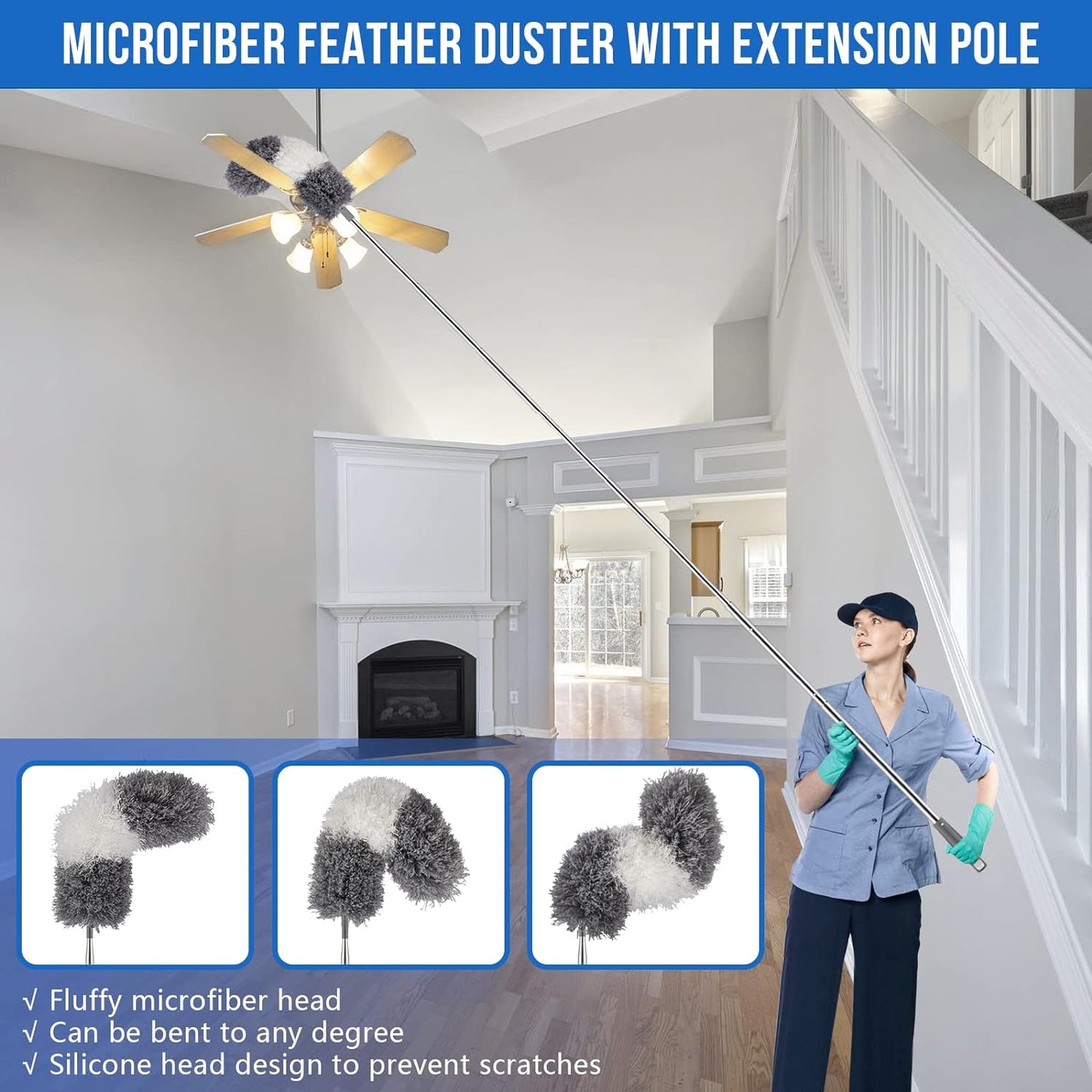 UIMO Microfiber Feather Duster Kit with Extension Pole (30–100") – Bendable Washable Heads, Extendable Dusters for Cleaning Ceiling Fan, High Ceiling, Blinds, Furniture & Cars (5 Pcs)