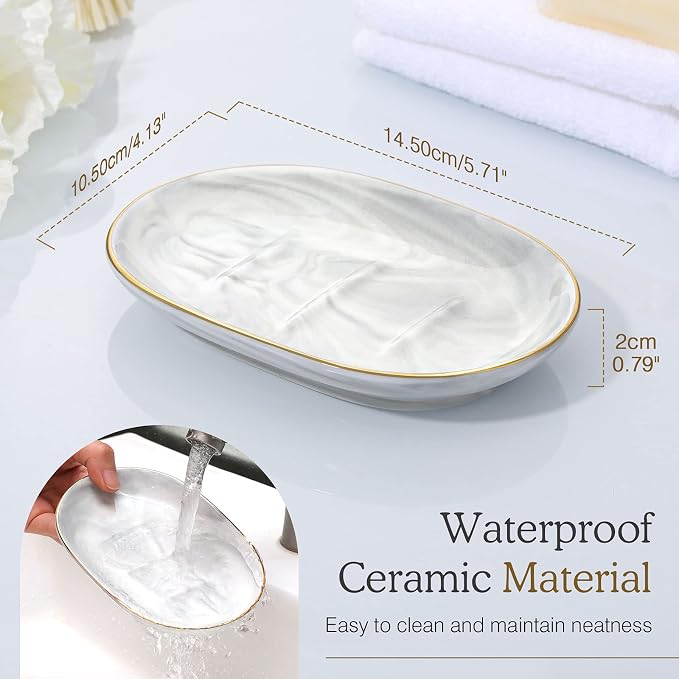 Luxspire Soap Dish Holder, Ceramic Marble Soap Tray Bar Soap Holder - Image 7
