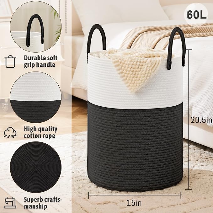 Laundry Basket, Woven Cotton Rope Laundry Hamper, 60L - Image 6