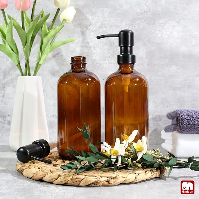 GMISUN Amber Glass Soap Dispenser, 2 Pack Bathroom Hand Soap Dispensers - Image 4